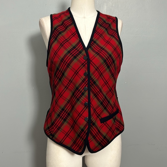 Linda Allard Ellen Tracy Plaid Vintage vest size 6 red, navy button down closure - Picture 3 of 14